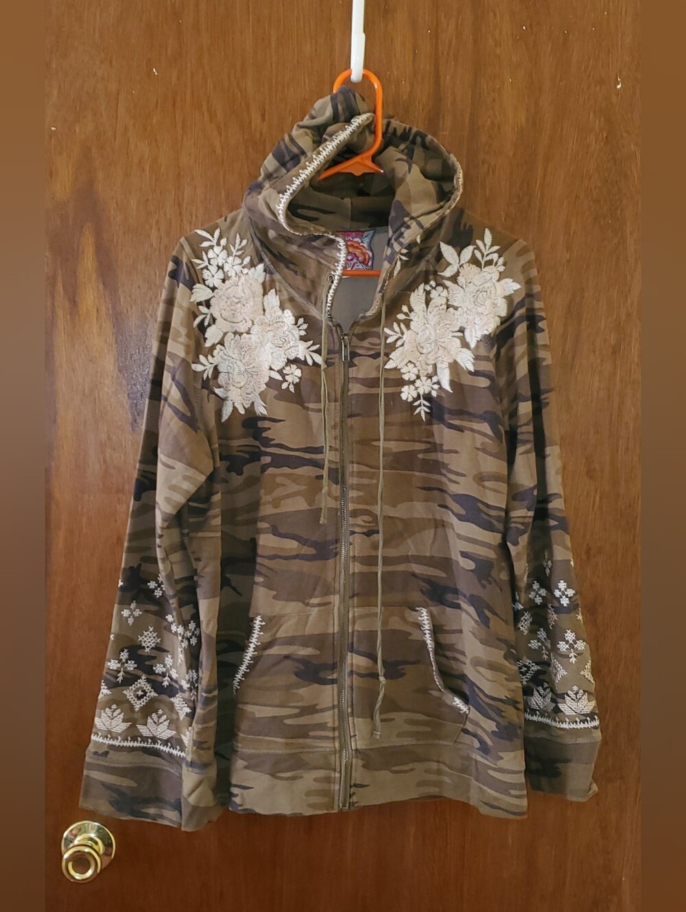 Johnny Was Zip Up Hoodie Camo Embroidered Green/Cream SZ XL